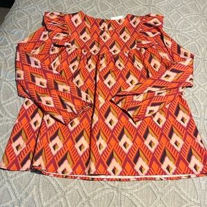 Women’s Printed Long-Sleeve Blouse - Orange Geometric Pattern